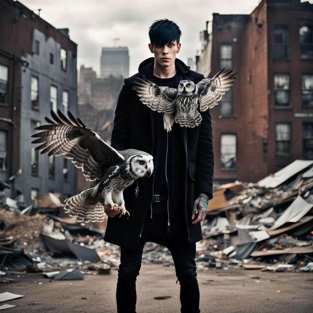 Goth Man with Owl in Abandoned Factory, Professional Photogr...
