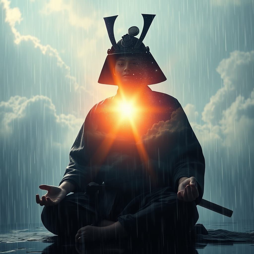 Samurai Meditating in Cosmic Rain, Painterly Style