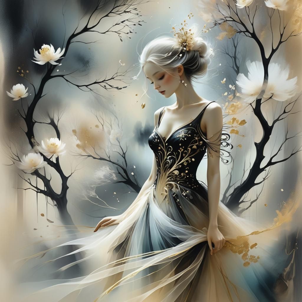 Surreal Woman in Tulle with Black Tree Illustration