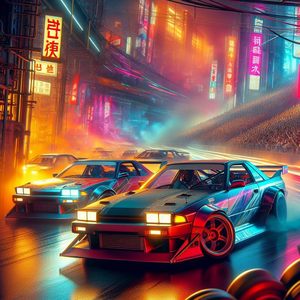 Hyperrealistic Japanese Drift Car Meeting in Dramatic Concep...