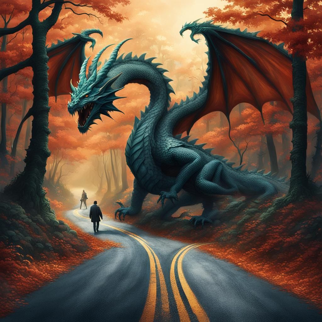 Dragon and Man in Woods: Fantasy Concept Art