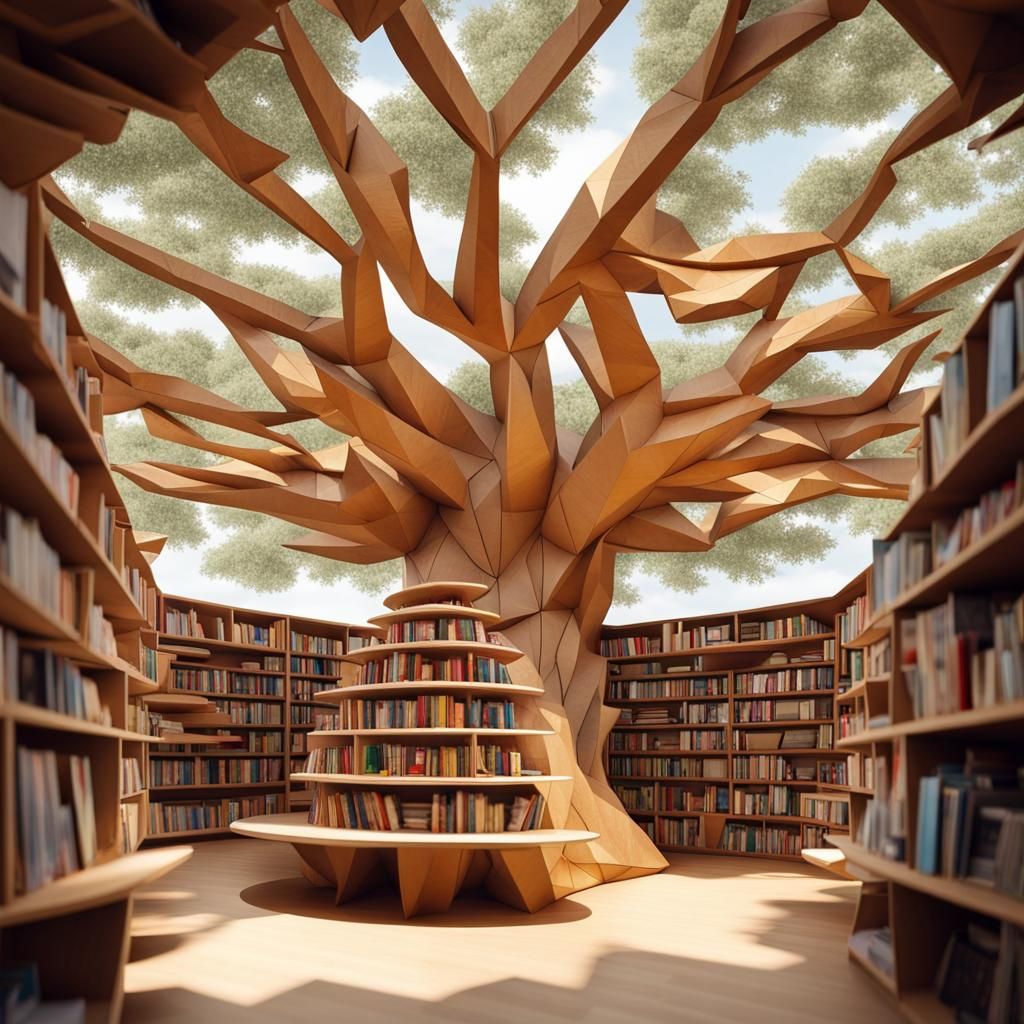 Bookstore Inside Baobab Tree: Origami Papercraft Style