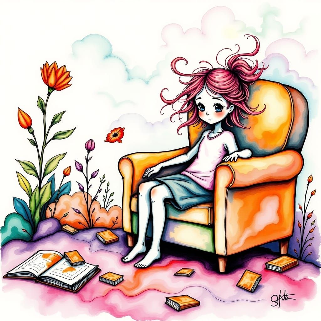 Slouching Figure with Calligraphic Details in Alcohol Ink