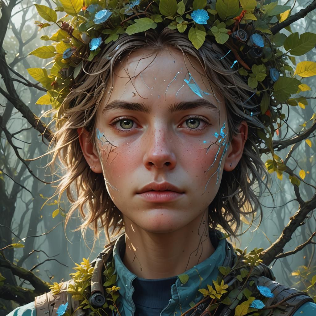 Androgynous Face with Blue Eye in Vivid Digital Art