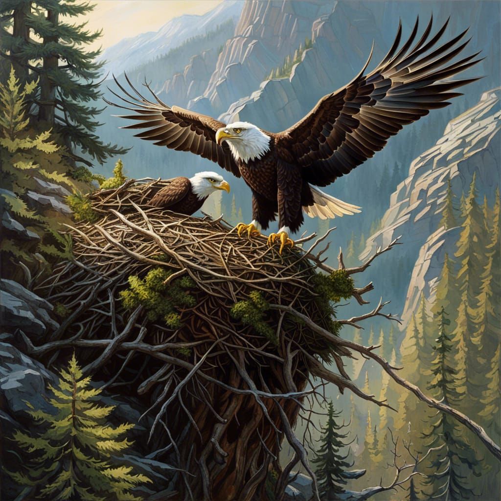 Hyperdetailed Eagles Nest Mountain Treetop Painting