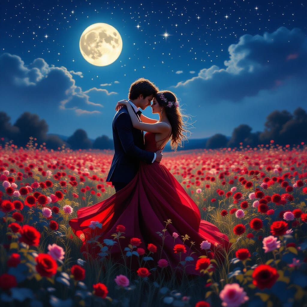 Romantic Couple Dancing in Rose Garden Under Stars