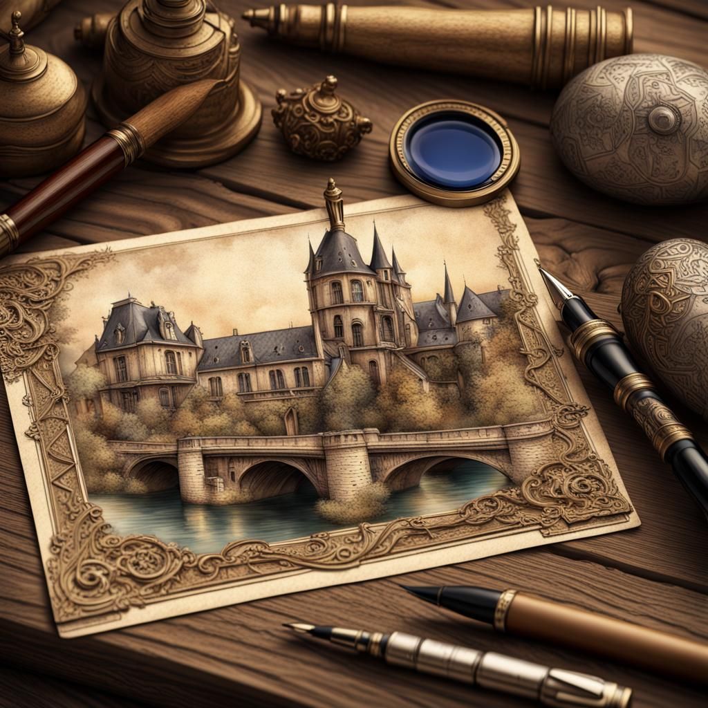 Intricate France Postcard Still Life: Photorealistic Digital...