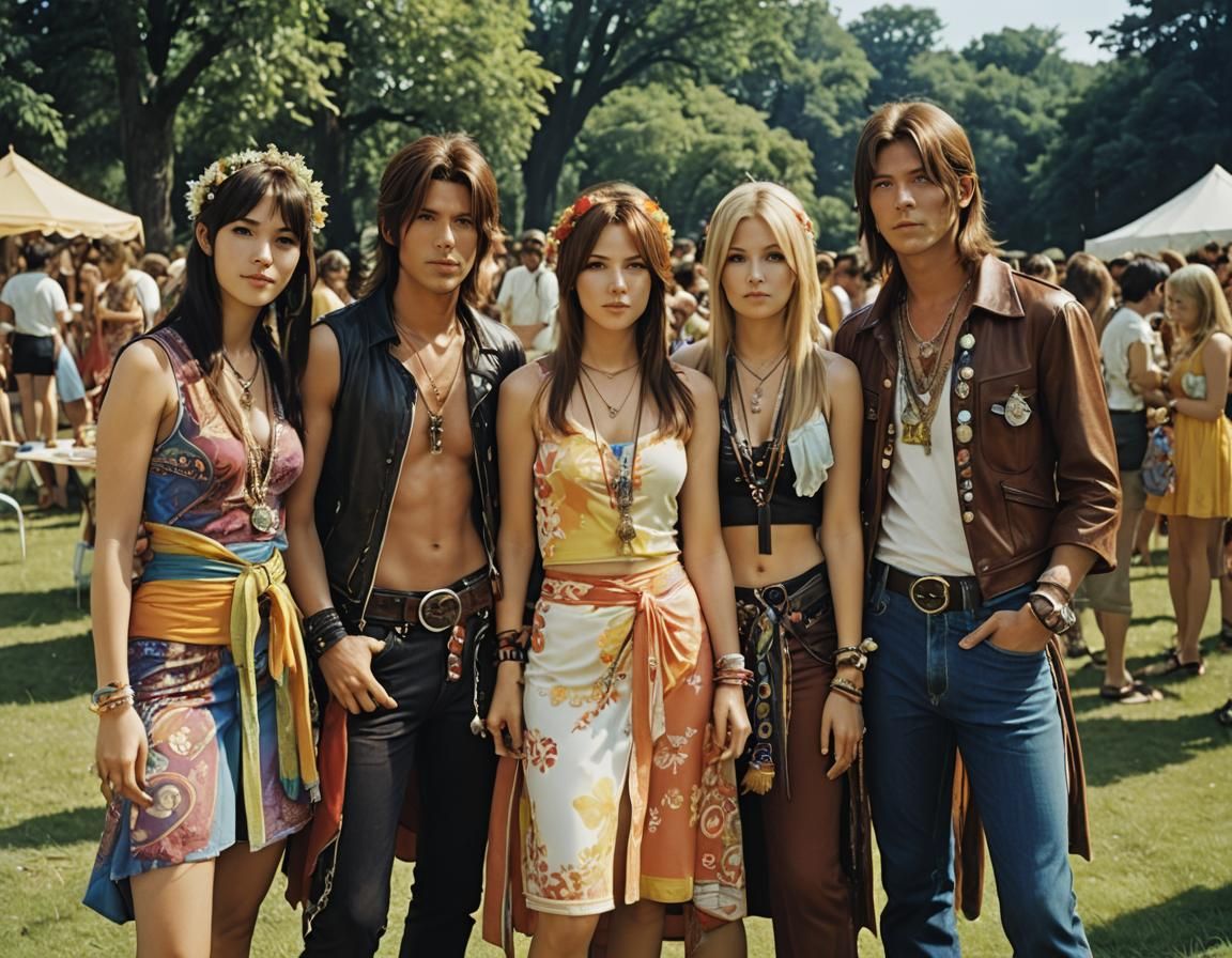 Rinoa, Squall, Selphie, Quistis & Irvine at the Balamb Garden Summer of Love. Zell lost to a bet and had to handle the c...