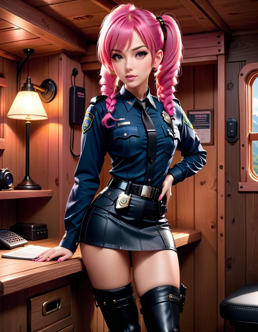 Pink-Haired Policewoman Relaxing in Cabin, UHD