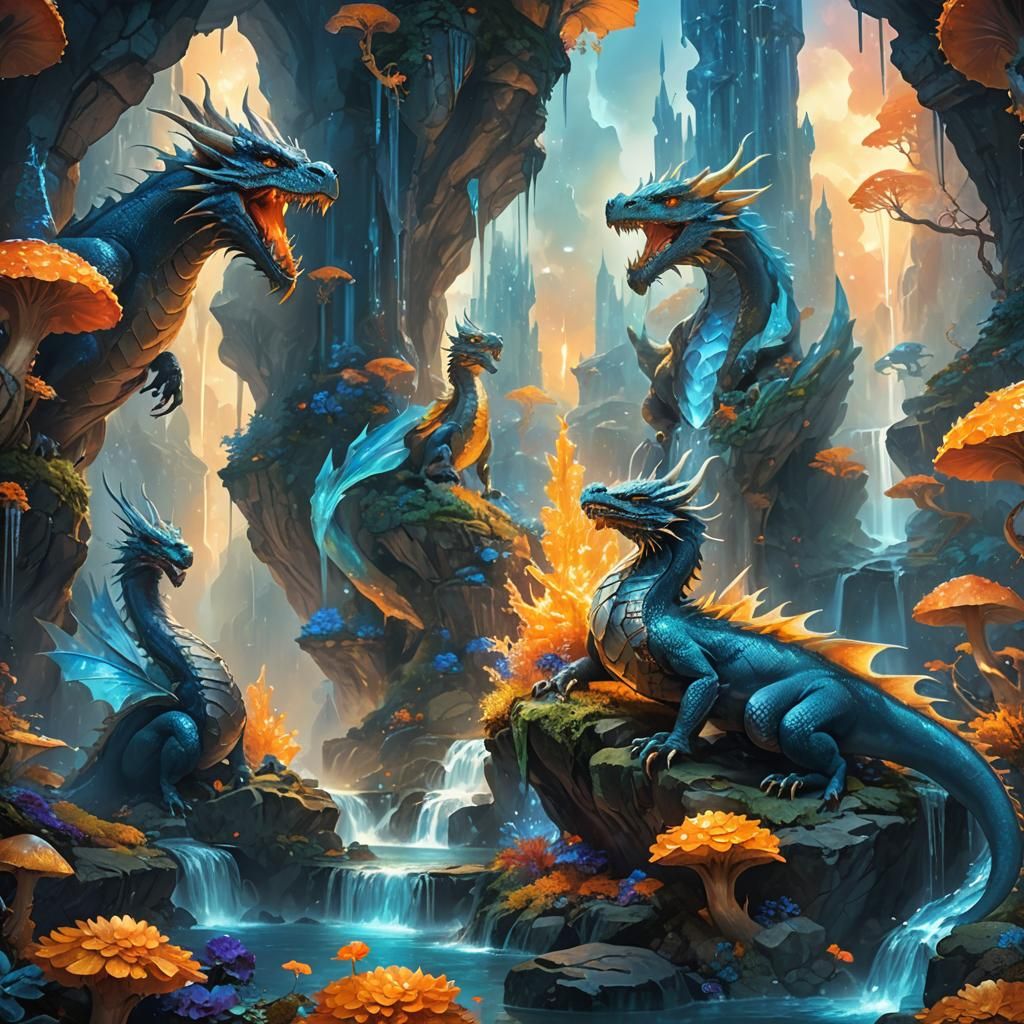 Dragons in Crystalline Fantasy Realm: Concept Art