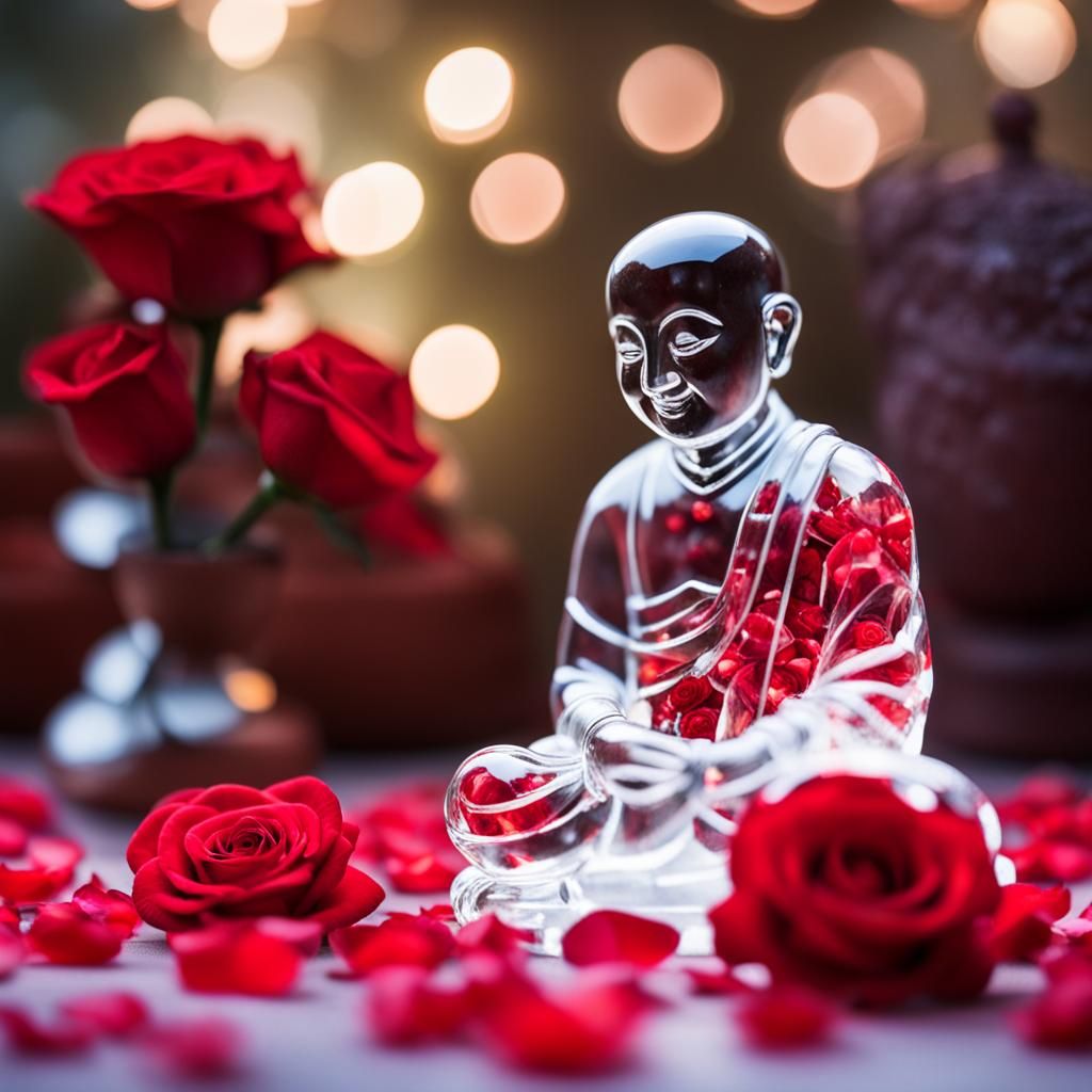 Crystal Buddhist Monk Statue with Rose Petals