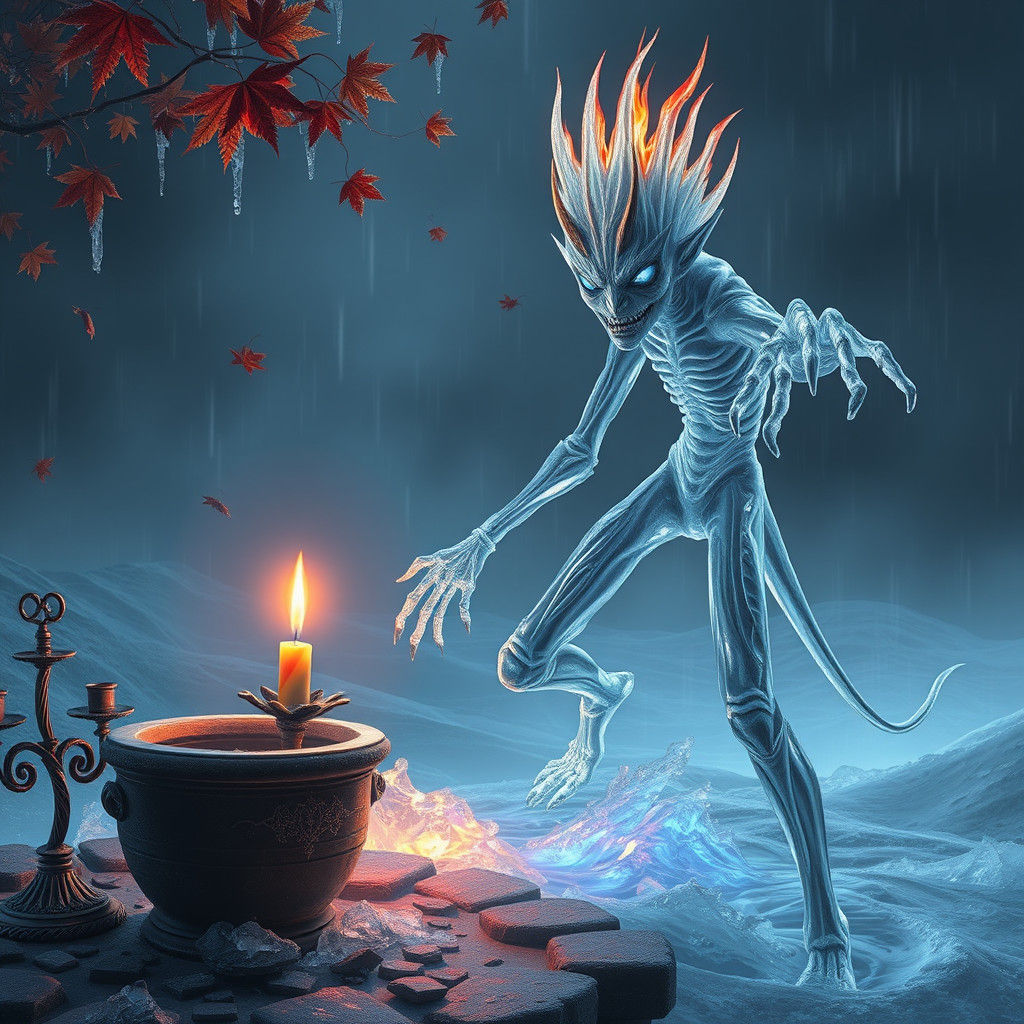 Ethereal Ice Demon in Anguish with Fiery Eyebrows