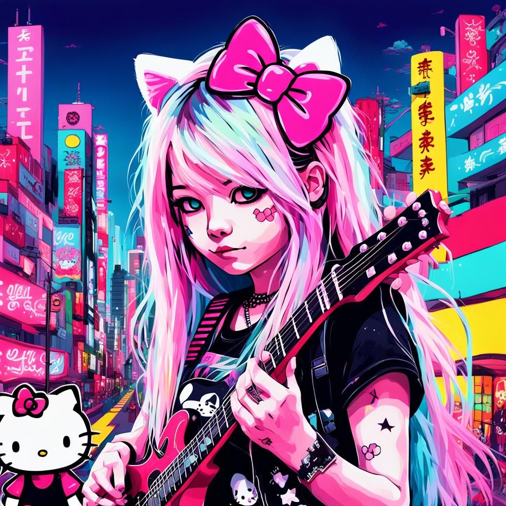 Hello Kitty in Anime Paradise with Punk Rock Elements