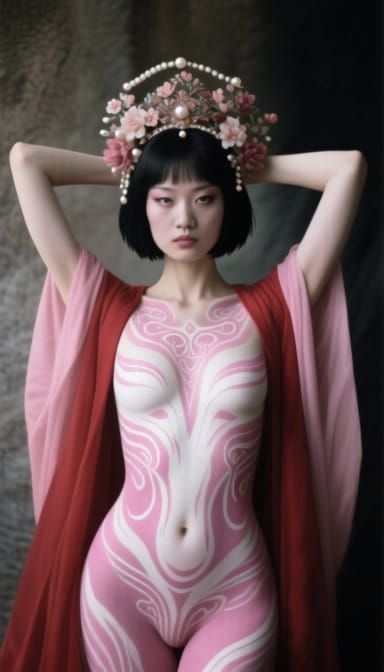 Ethereal Woman With Intricate Pink Body Paint and Ornate Hea...