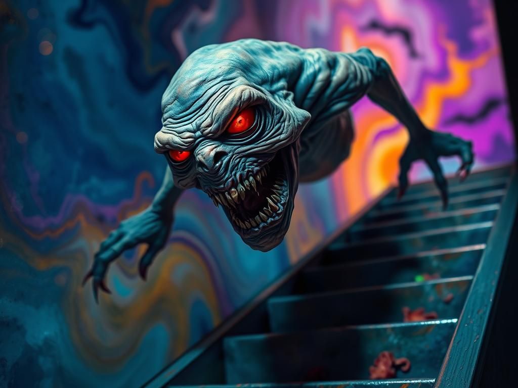 Menacing Red-Eyed Monster Descends in Dreamlike Realm