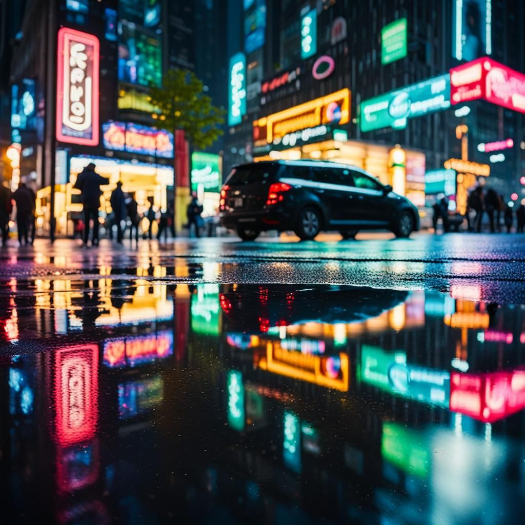 Neon Reflections on Rainy City Street