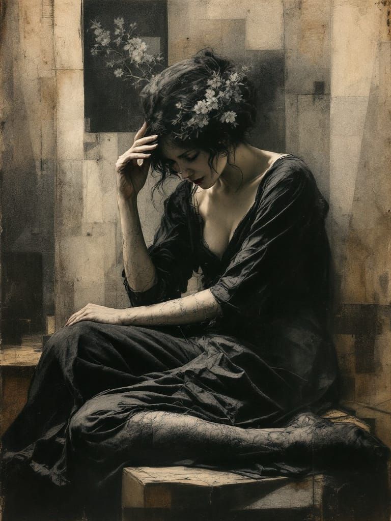 Graphite and Charcoal Portrait with Victorian Storybook Char...