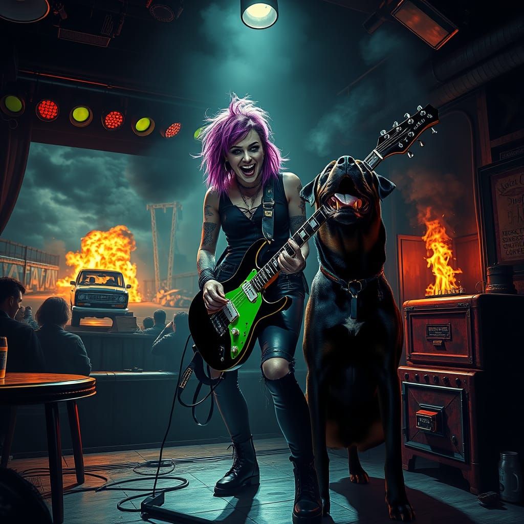 Punk Rocker Singer with Rottweiler in Fiery Broadway Scene