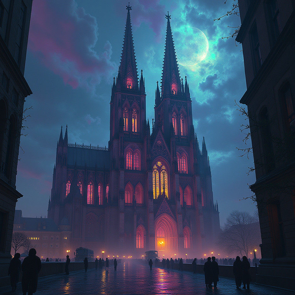Mystical Cologne Cathedral in Surreal Psychedelic Style