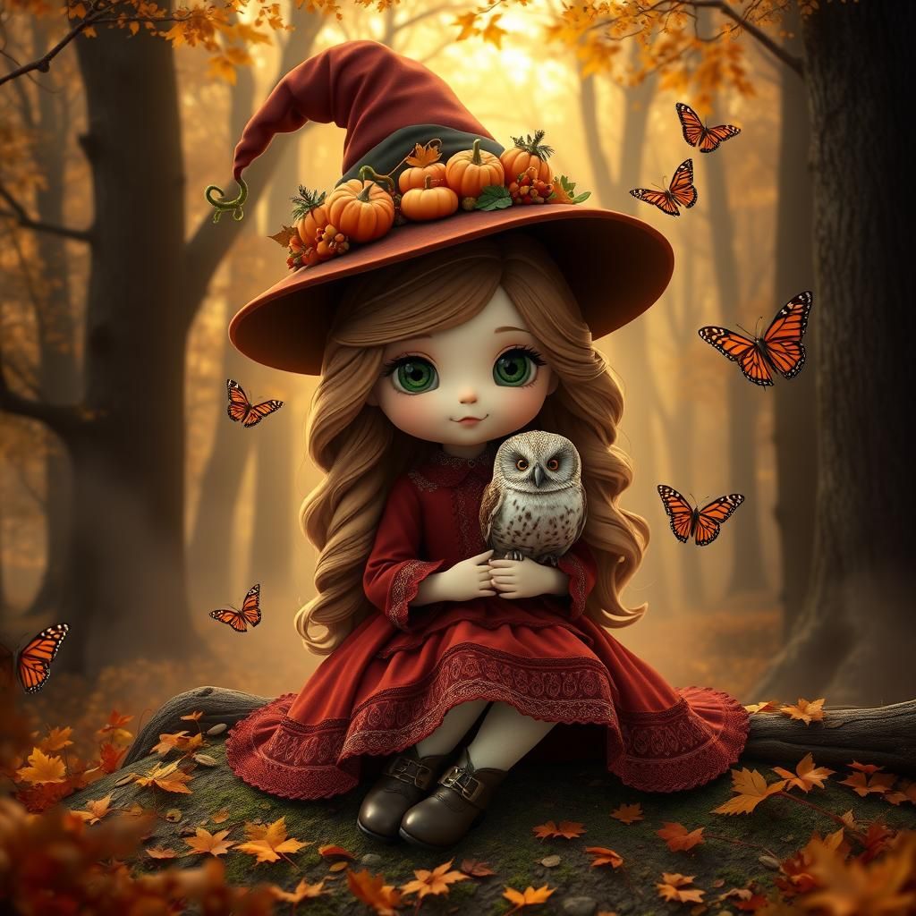 Chibi Witch in Magical Autumn Forest: 3D Render