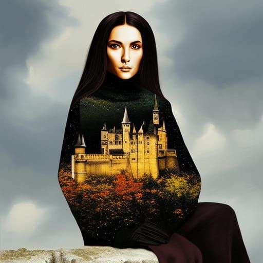 Gothic Fantasy: Woman in Castle Garden, Oil Painting