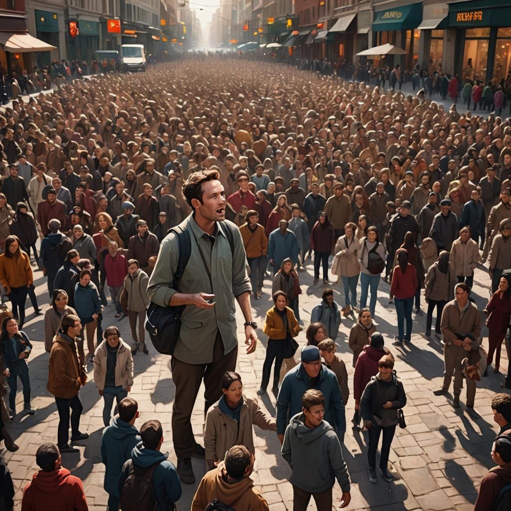 Human Addresses Ant Crowd in Hyperrealistic Cityscape