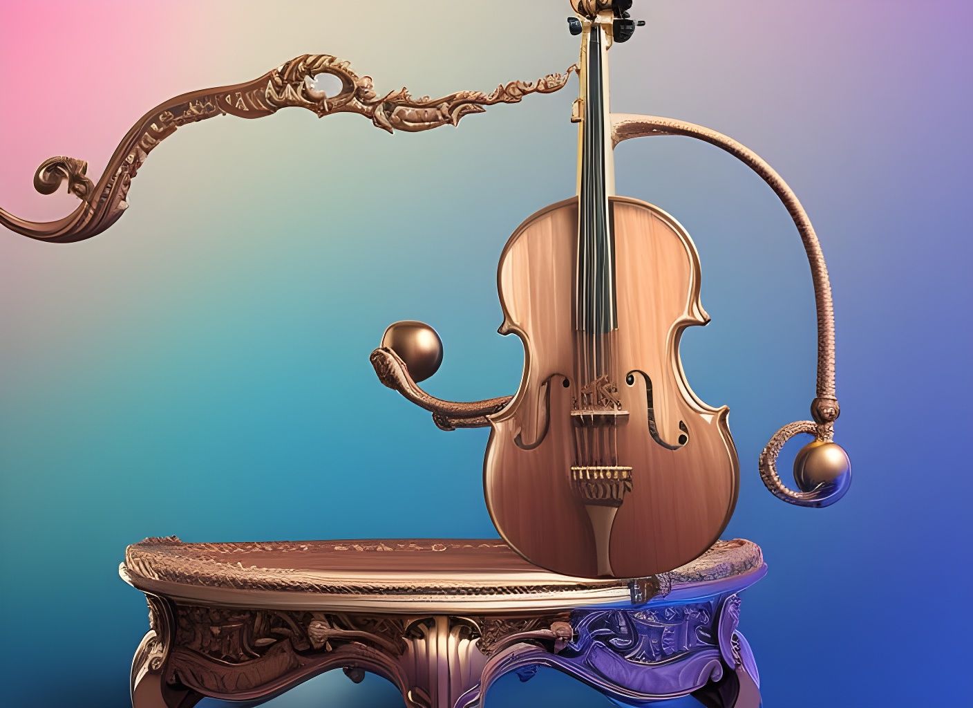 Intricate Cello with Flying Semiquavers as Gouache Painting