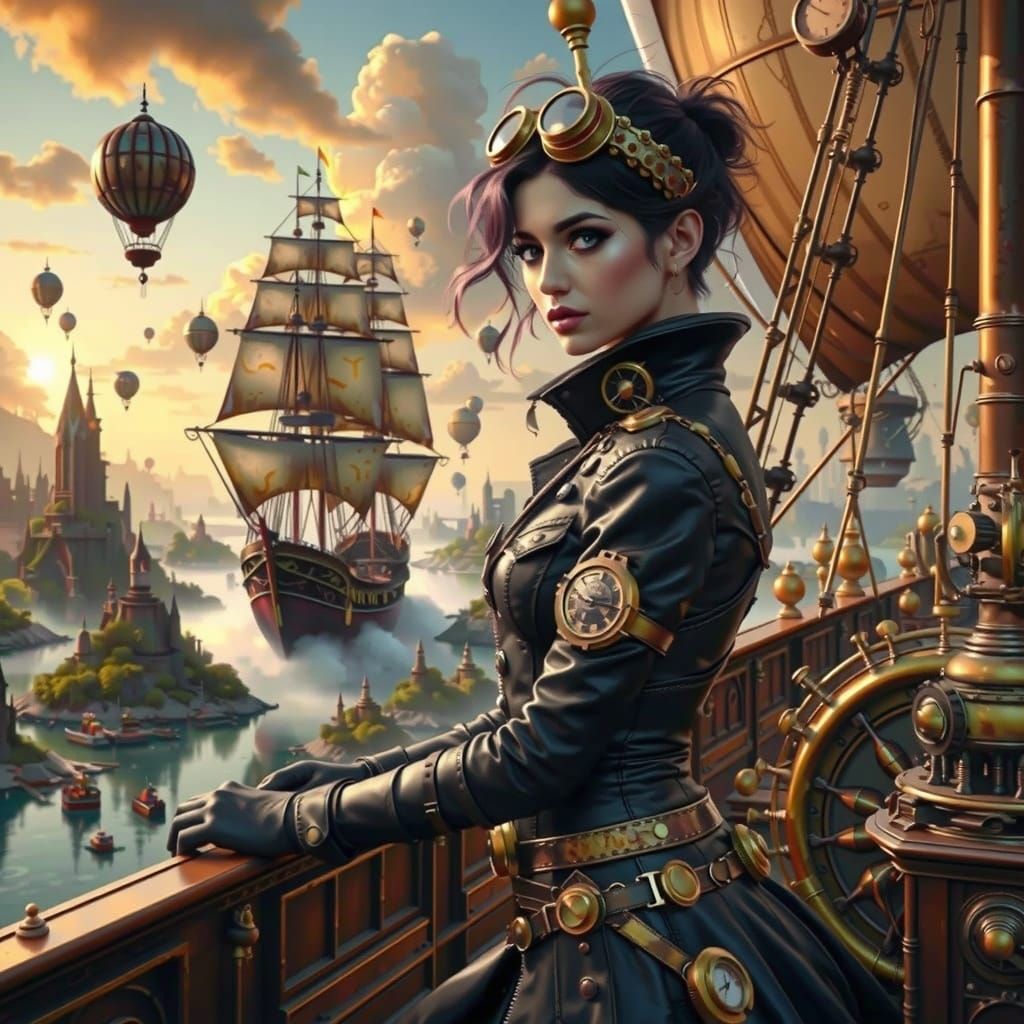 Cyberpunk Steampunk Character with Magic Book Under Purple M...