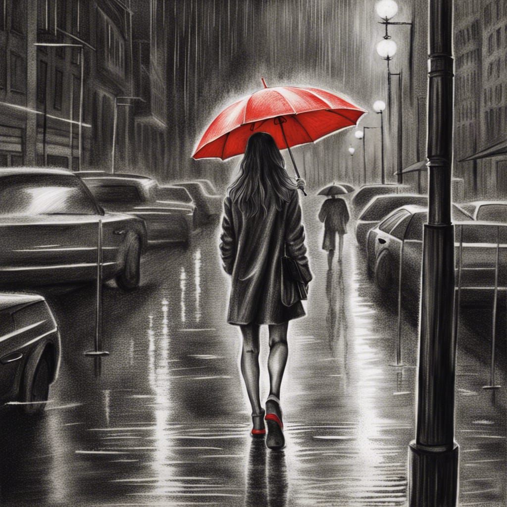 Girl with Red Umbrella in Rainy City