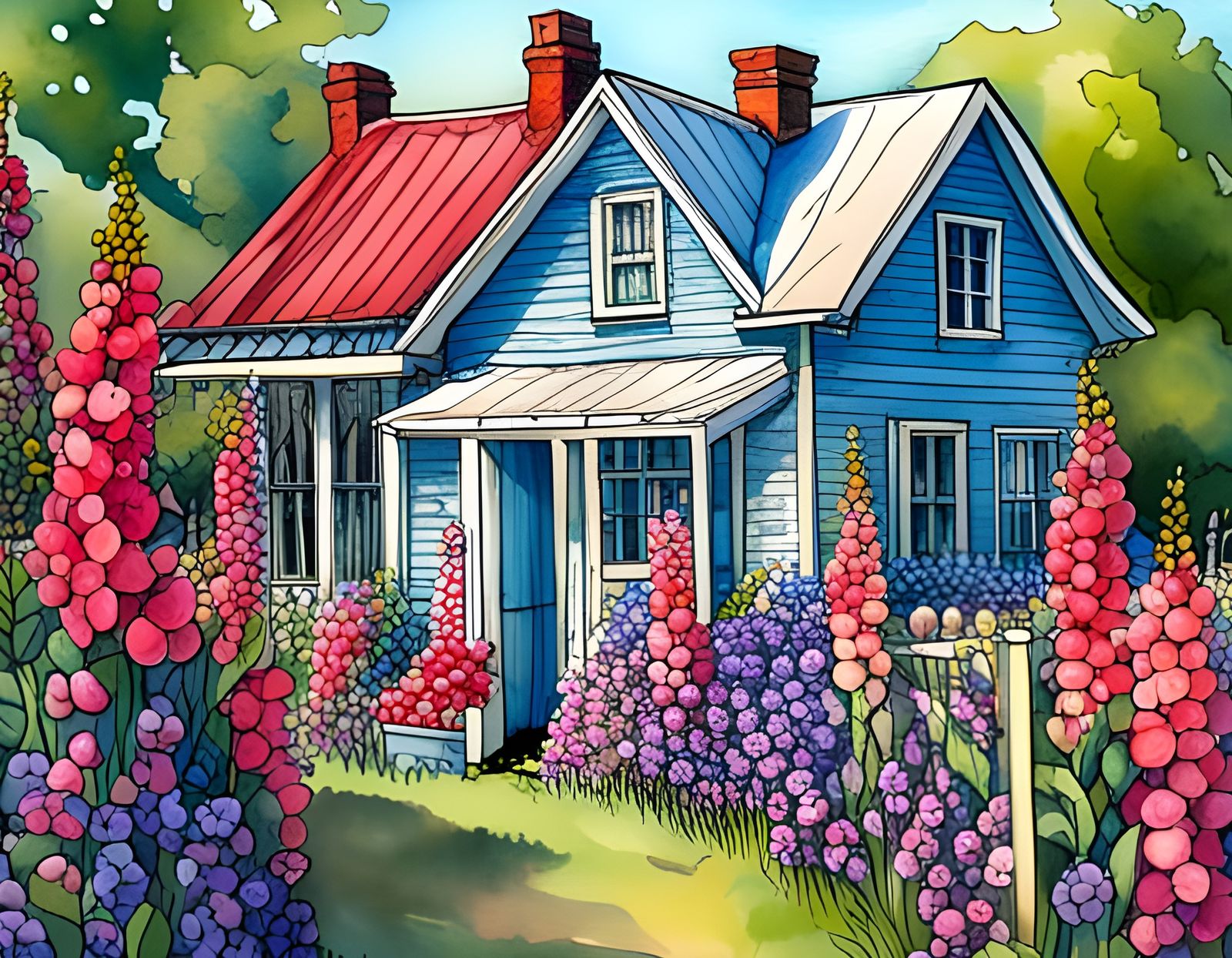 Vintage Flower Garden With Blue Bungalow, Watercolor Style