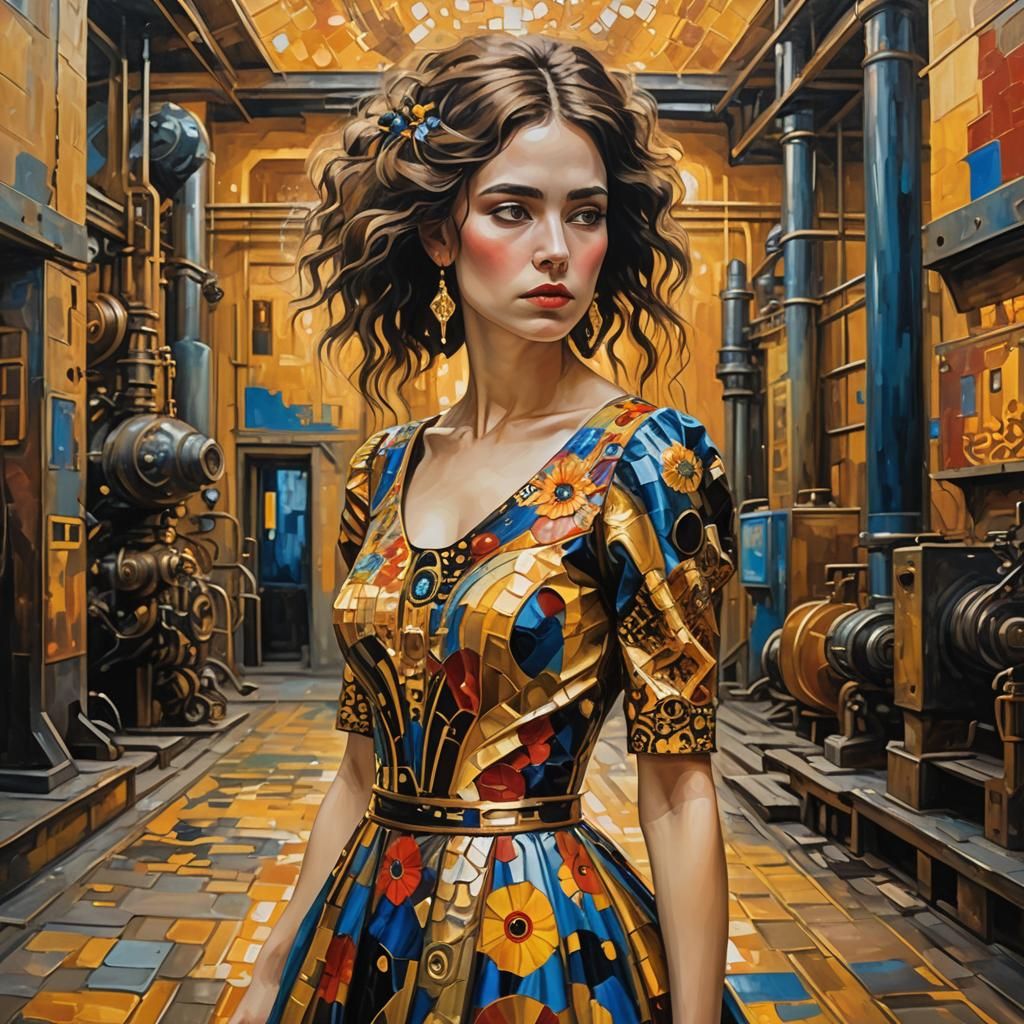 Woman in Expressive Factory, Klimt-Inspired Oil Painting