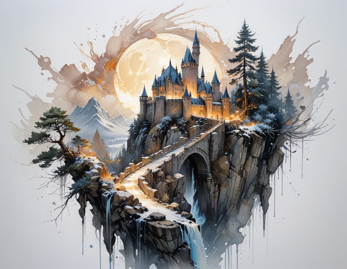 Illuminated Castle on Snowy Mountain Under Full Moon