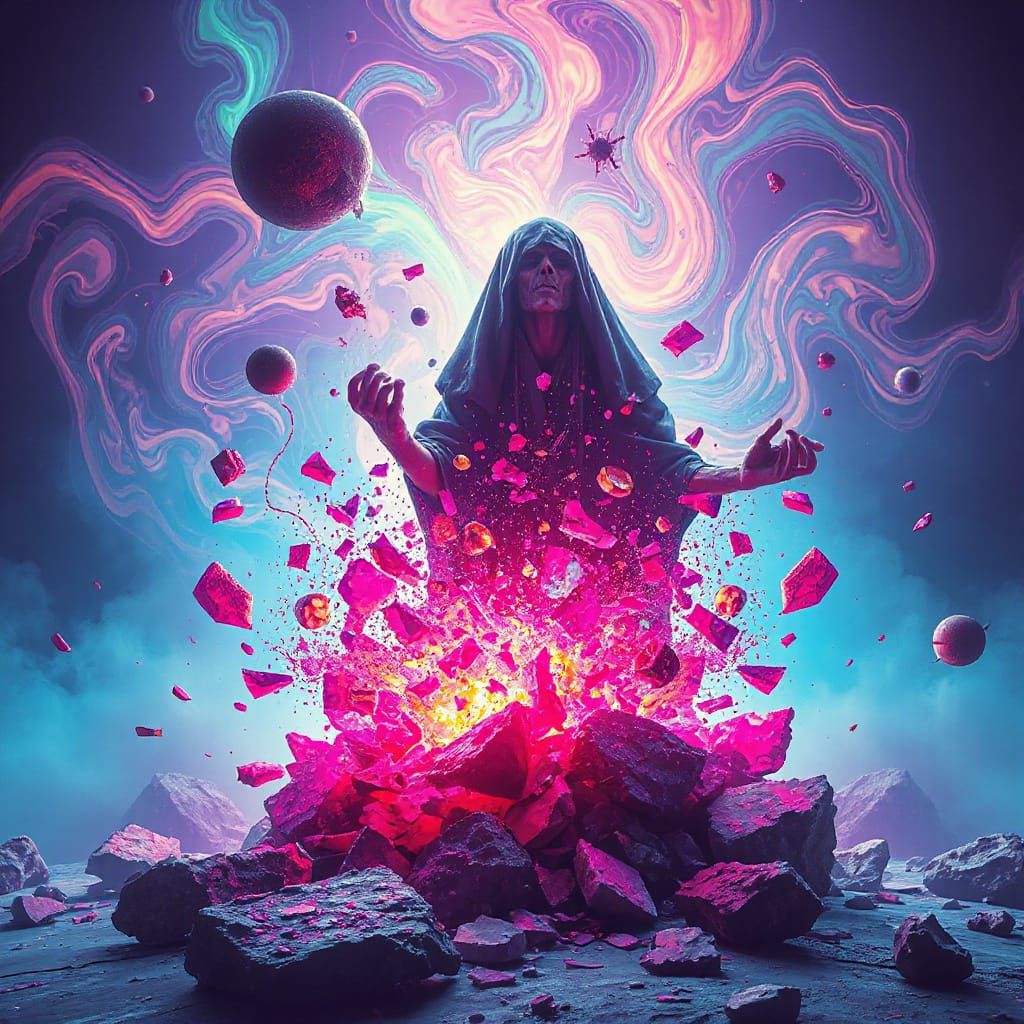 Reaper amoc, Vibrant, glowing psychedelics shattered, releasing kaleidoscopic patterns, in a surreal, dreamlike scene, r...