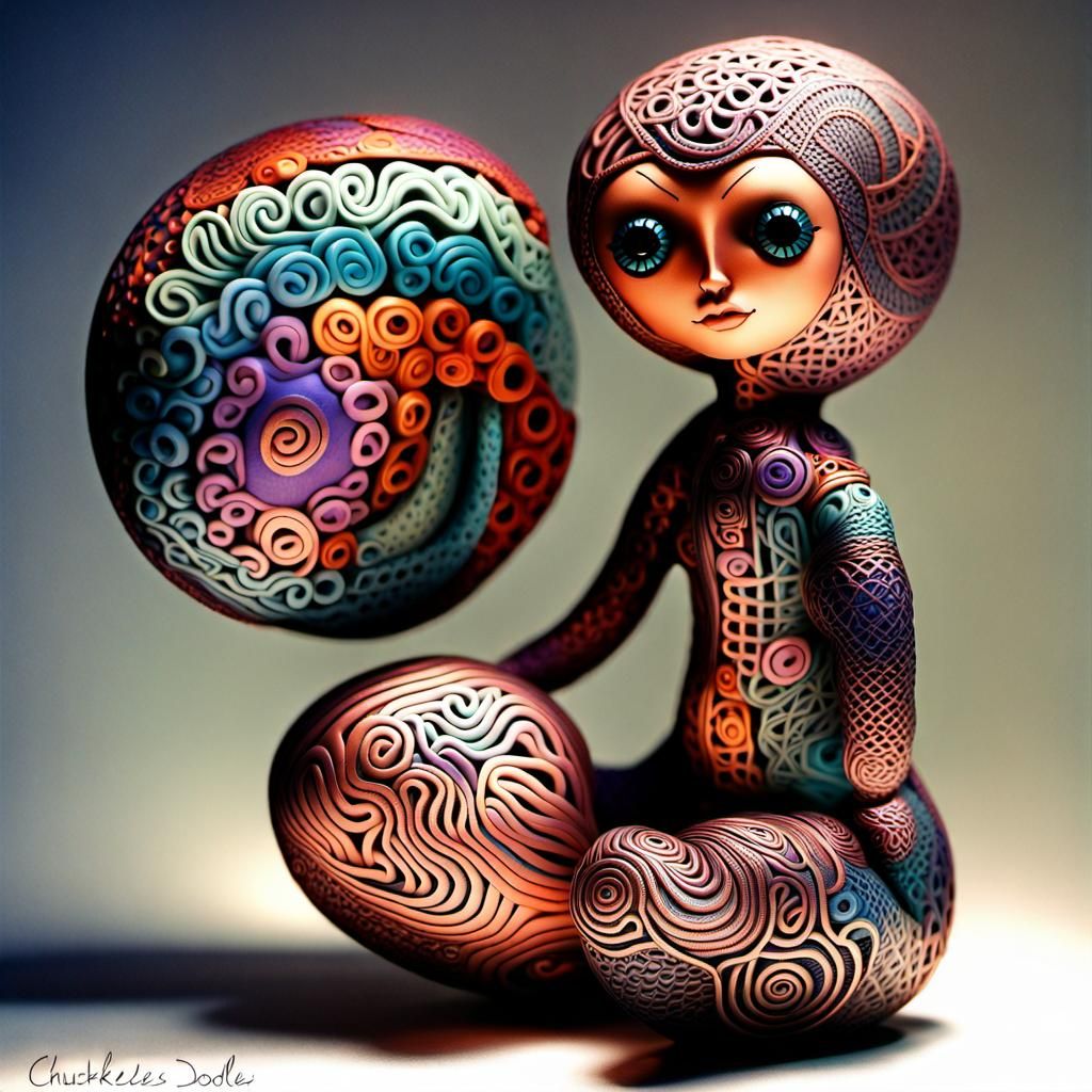 Iridescent Wool Doll: Abstract Neon Vorticism Sculpture