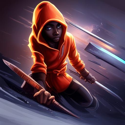 Ninja in Orange Hoodie with Katana Blade