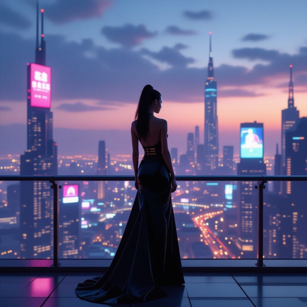 Woman on Sky-Bridge Over Futuristic Cityscape at Dusk