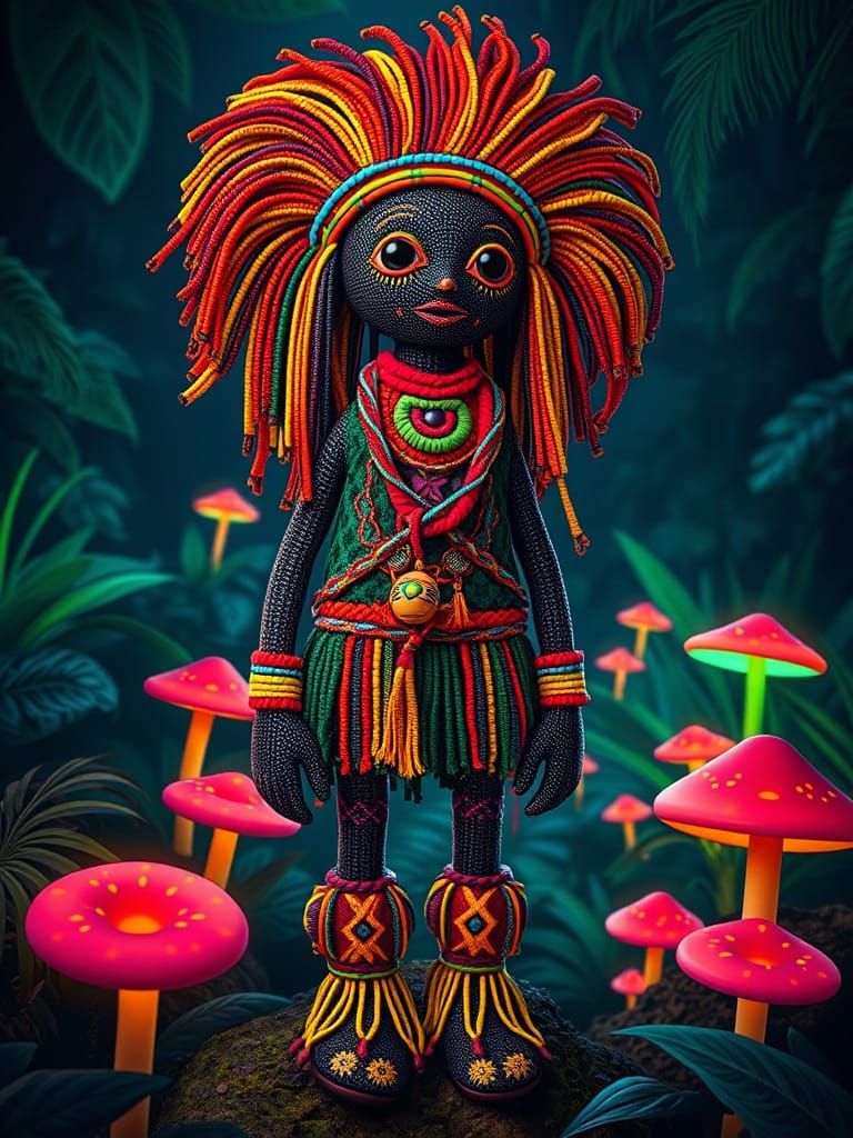Guarani Caá-Porá Doll-Man in Neon Jungle Scene