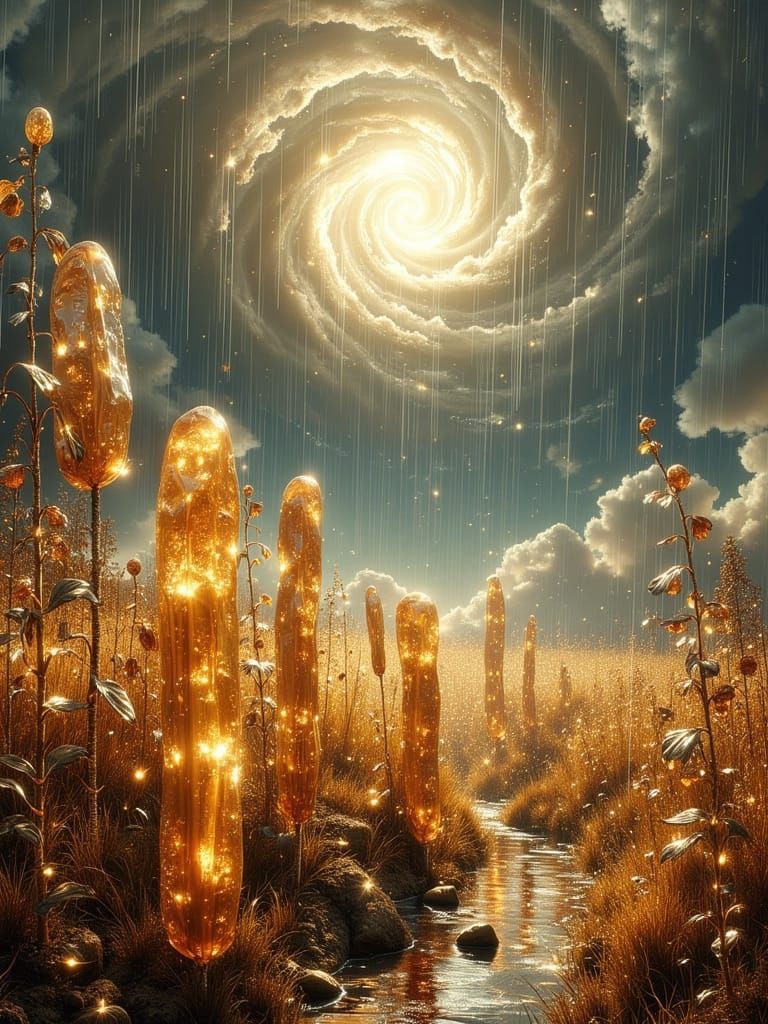 Surreal Crystalline Garden with Autumn Vortex Sky