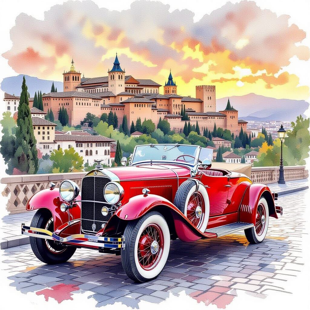 Vintage Auburn Speedster in Granada, Watercolor Art
