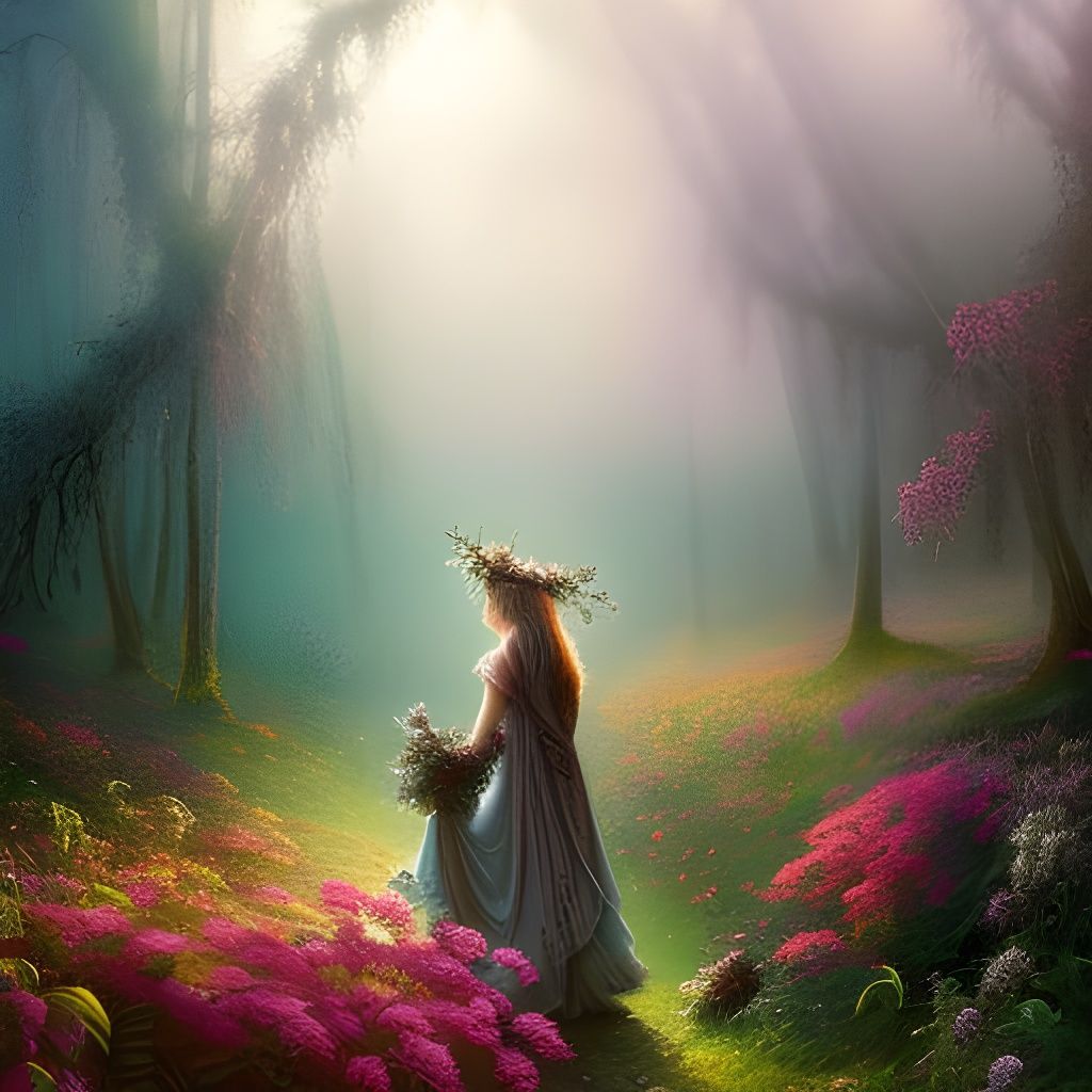 Ornate Flower Fairies Dancing in Fog, Ink and Watercolor