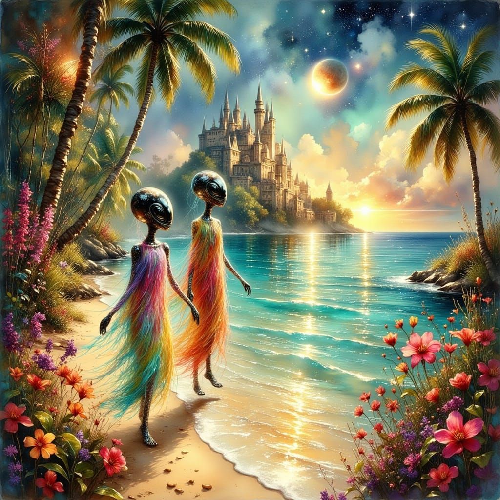 Alien Beach Party in Surreal Cosmic Style