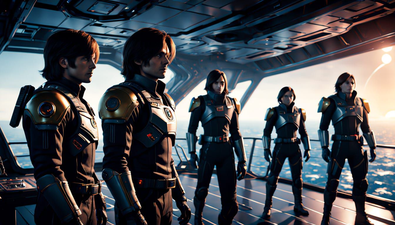 Captain Harlock and Crew in Cinematic Sci-Fi Illustration