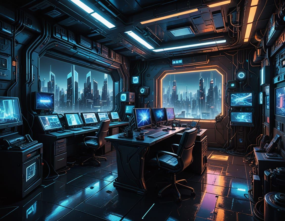 Cyberpunk Home Office in Futuristic Cityscape