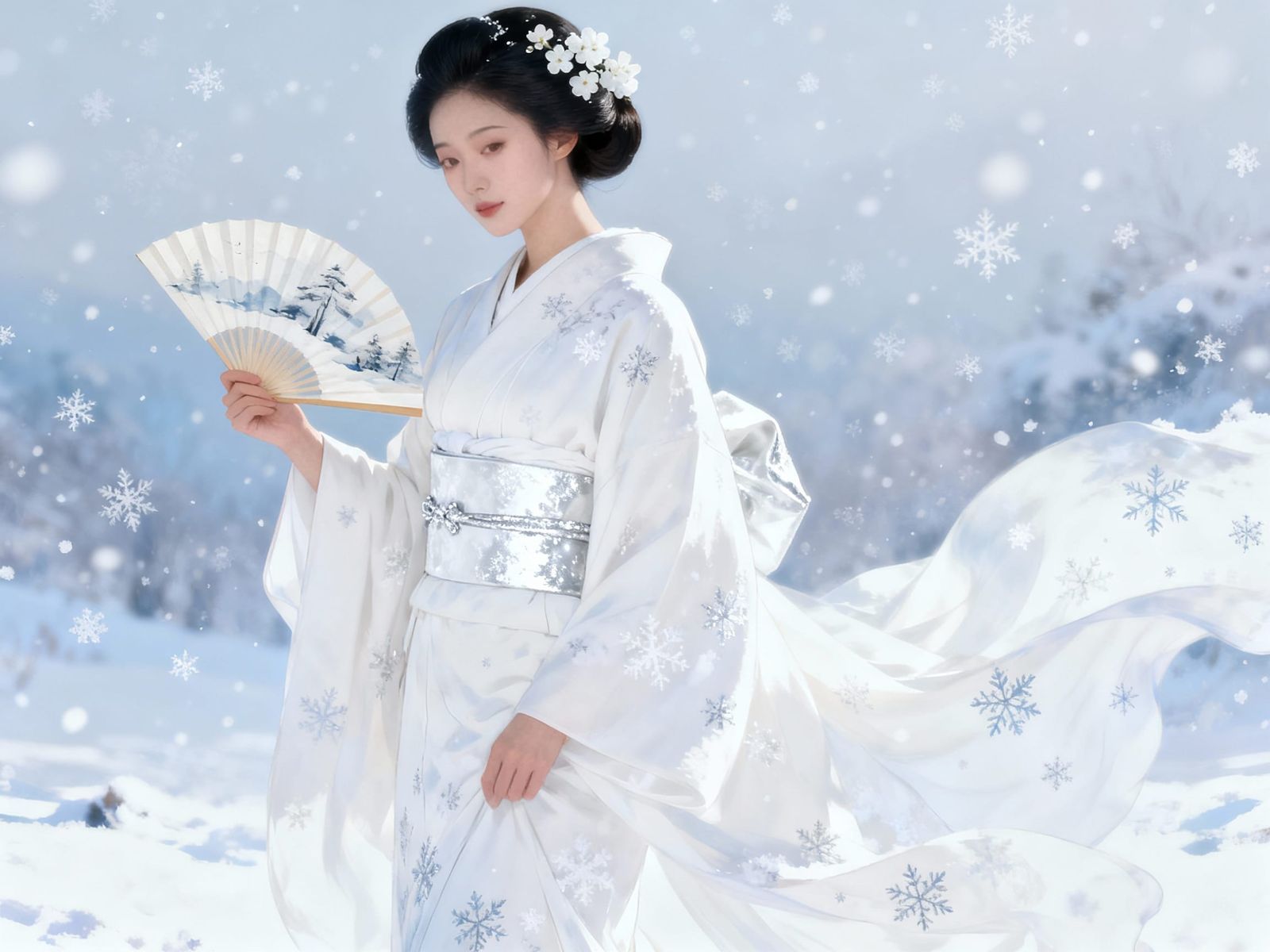 Elegant Snow Geisha in a Winter Landscape