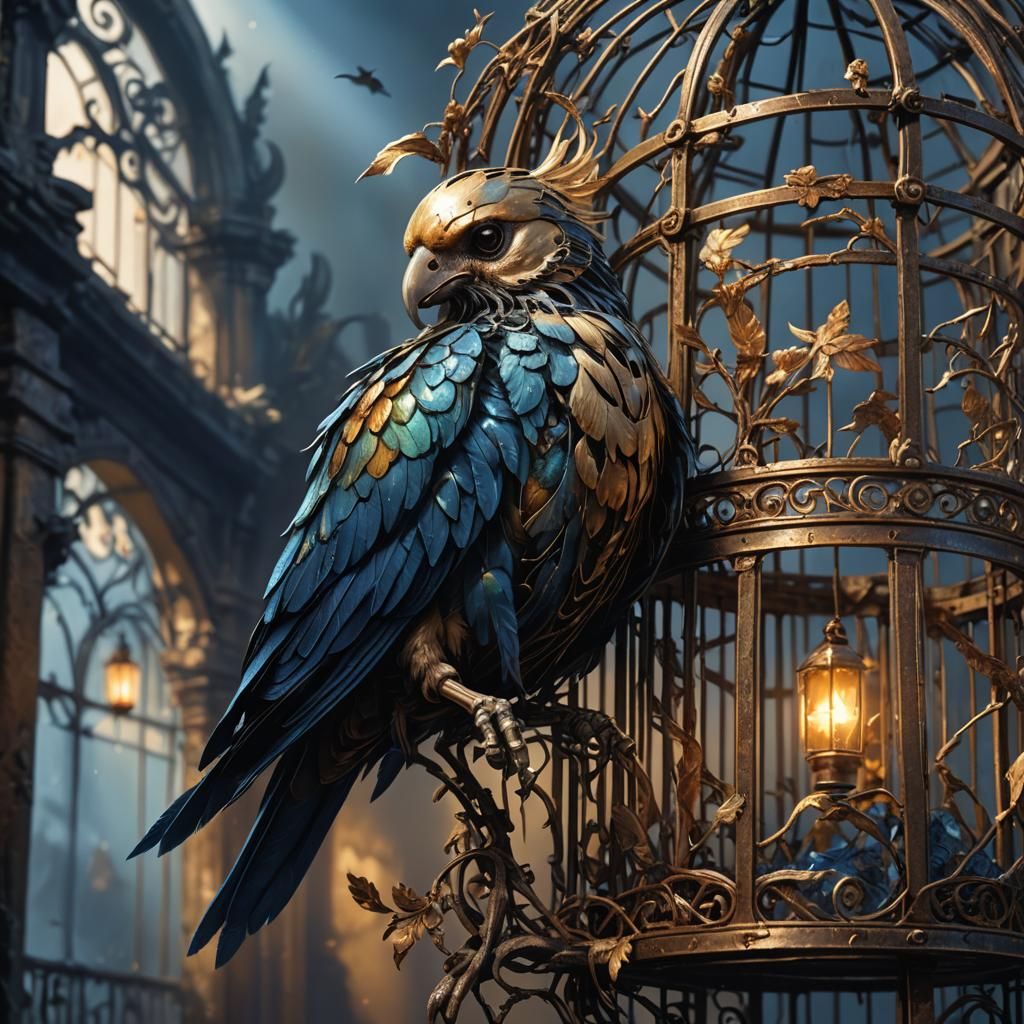 Skeleton Bird in Ornate Cage: Dark Fantasy Art