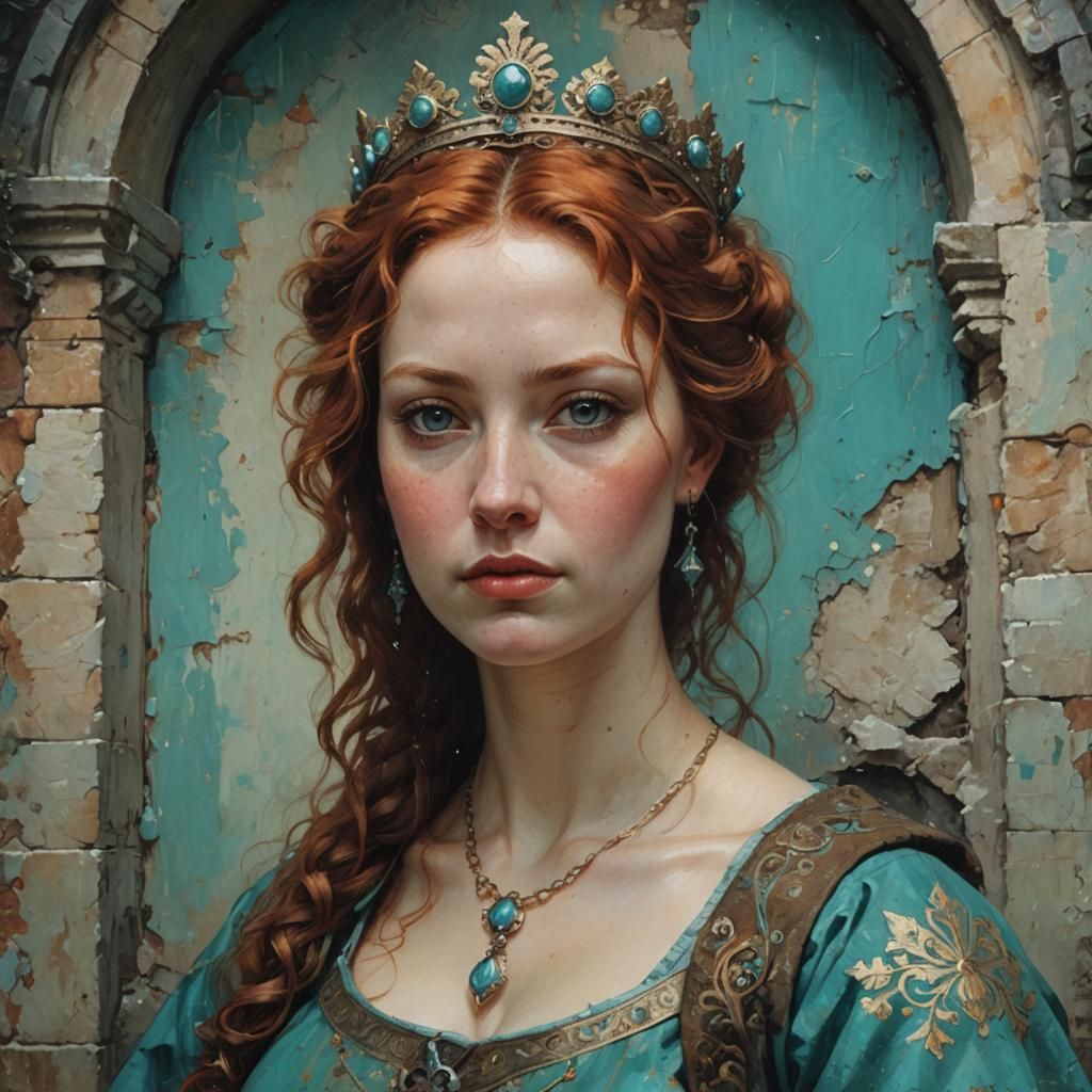 Medieval Queen in Turquoise Tunic: Oil Painting