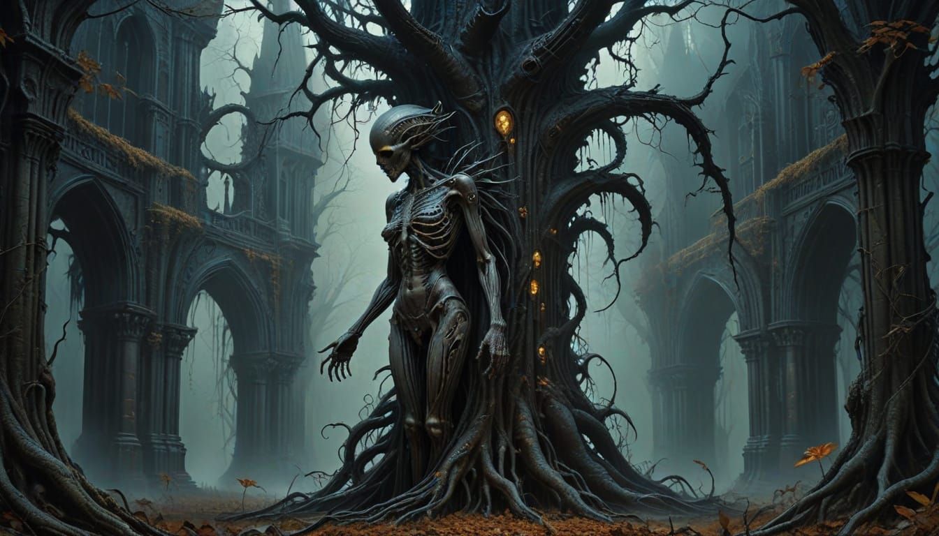 Gothic Cathedral of Gnarled Trees in Beksiński Style