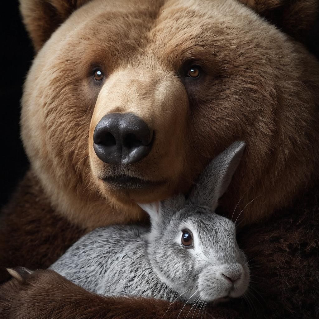 Kodiak Bear Snuggling a Giant Rabbit