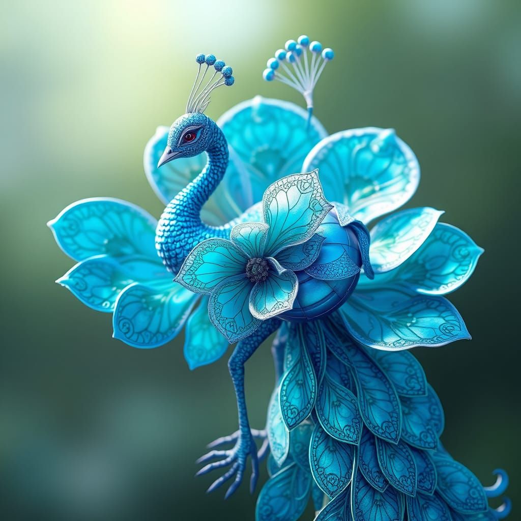 Ethereal Peacock-Flower Hybrid in Vibrant, Futuristic Style