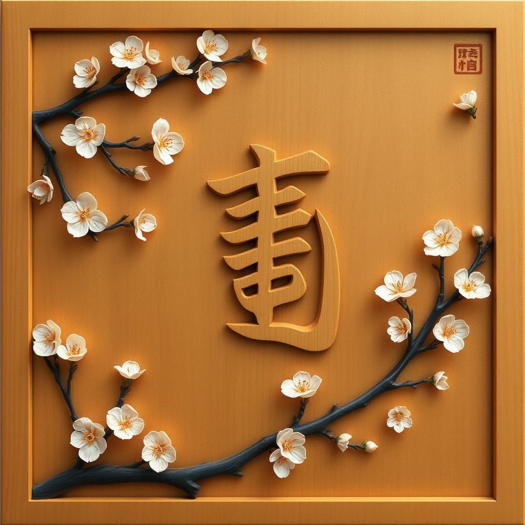 Elegant Wooden Panel Featuring the Chinese Character for Pea...